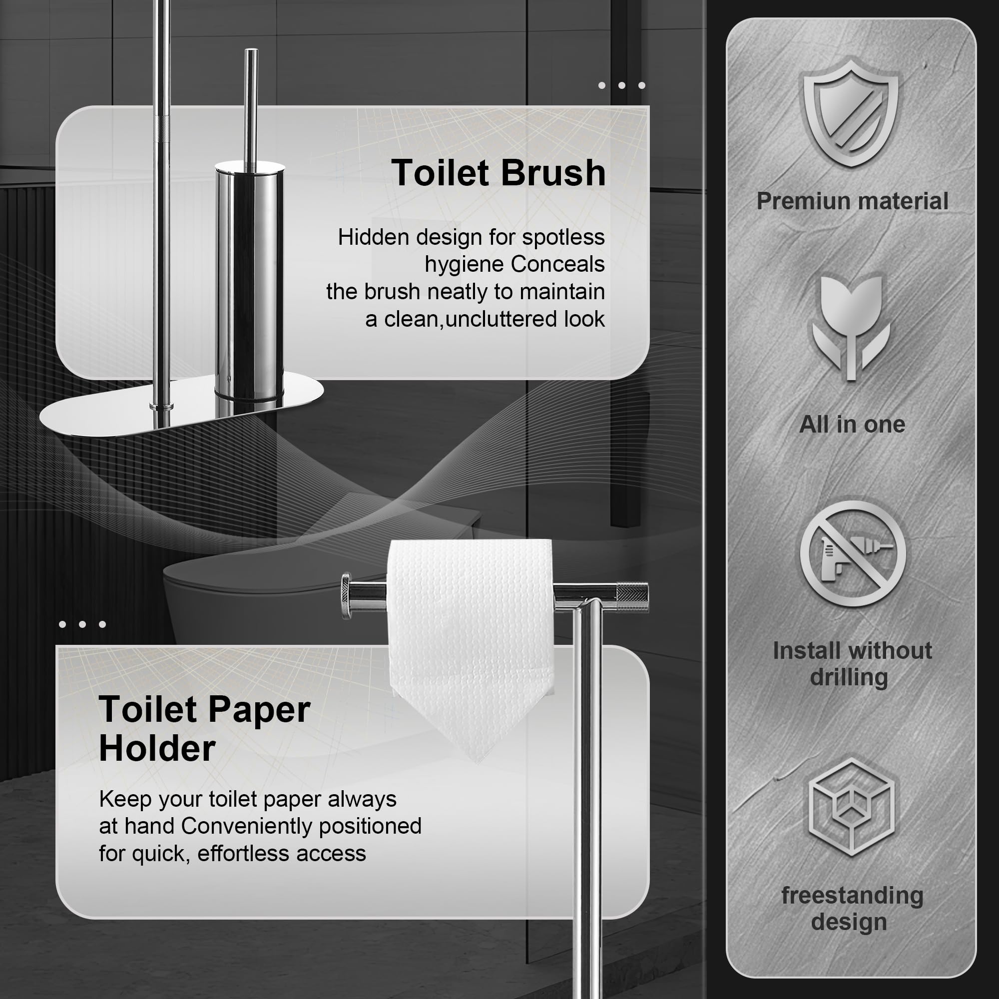 DAZI Portarrollos Papel higienico con escobilla WC Acero Inoxidable – escobillero y portarrollos baño Acabado Cromado, 2 Cabezales Silicona y PP Ideal para baños de Invitados y aseos