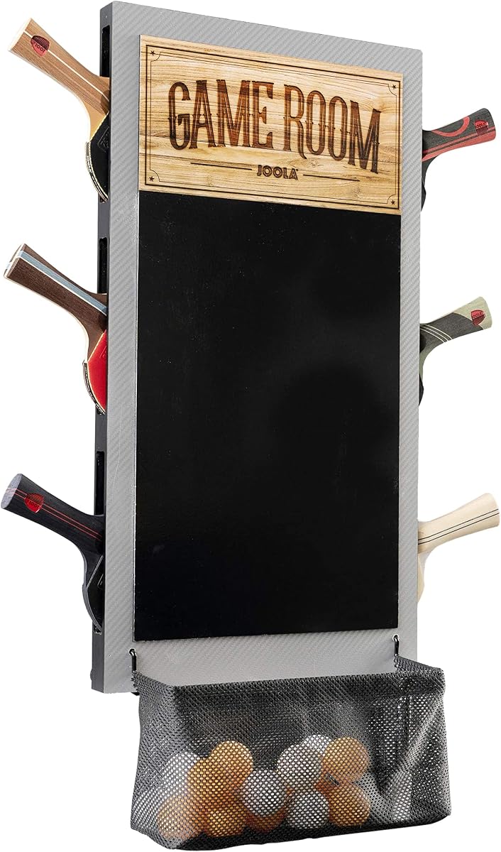 Game Room Organizer with Ping Pong Paddle Holder, Table Tennis Ball Basket, Scoreboard, and Chalkboard