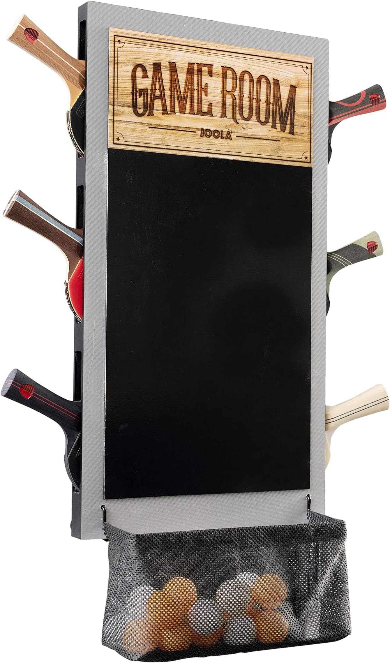 Game Room Organizer with Ping Pong Paddle Holder, Table Tennis Ball Basket, Scoreboard, and Chalkboard