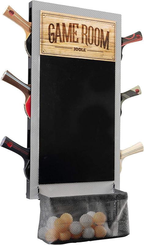 Game Room Organizer with Ping Pong Paddle Holder, Table Tennis Ball Basket, Scoreboard, and Chalkboard