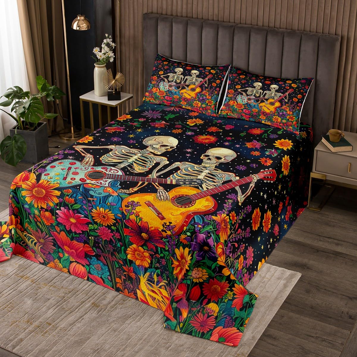 Manfei Couple Skeleton Kids Bedspread King Size,Gothic Skull Plays The Guitar Coverlet Set,Boys Girls Room Decor,Daisy Flowers Trippy Halloween Quilted Coverlet,Colorful Bedding Quilt,2 Pillowcases