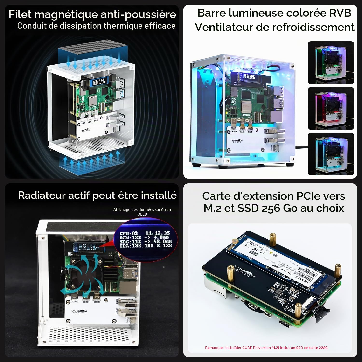 Yahboom Raspberry Pi 5 M.2 SSD PCIe Mini PC pour Pi 5 avec Radiateur Tour, Ventilateur RVB, écran OLED, avec Adaptateur M.2, SSD NVME 256 Go