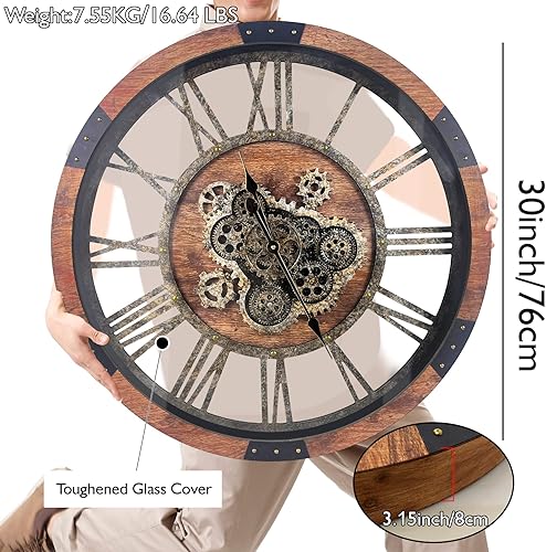 Miniatura 4 de DORBOKER Reloj de pared grande de 30 pulgadas con engranajes móviles, relojes industriales rústicos de granja de gran tamaño para decoración de sala