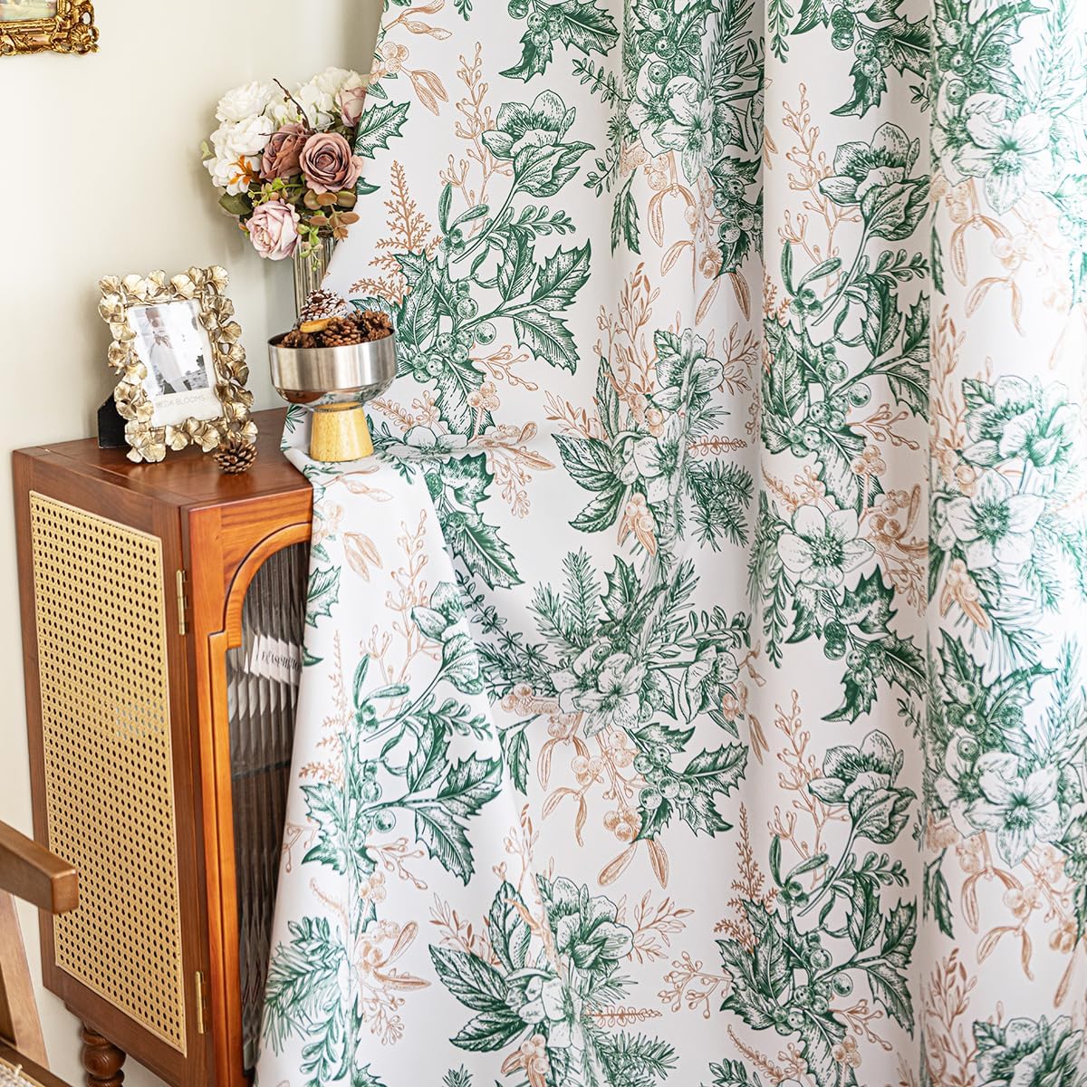 Bedroom Blackout Floral Pattern Curtains, Green Pinecone Window Curtains, Living Room l Grommet 2 Panel 52 x 63 inches (Dark Green)