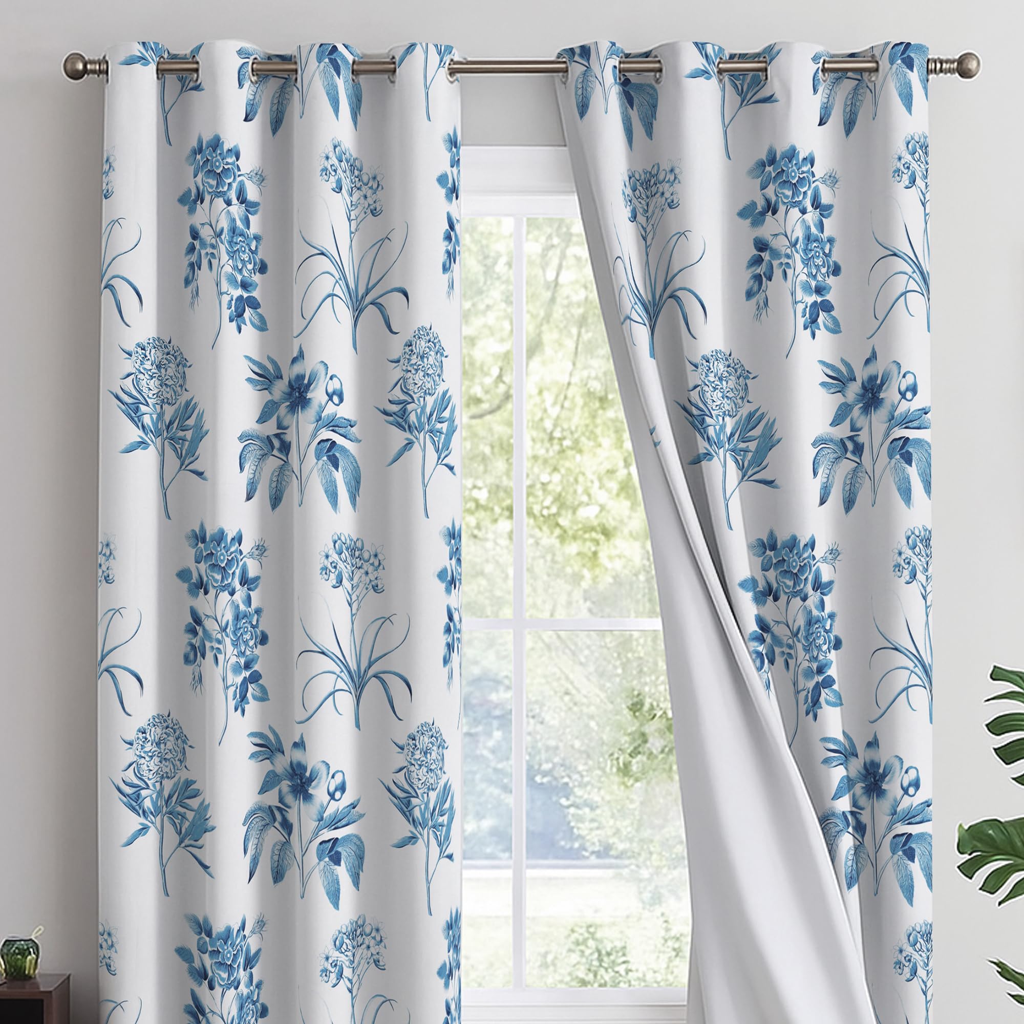 Reliancebedding 100% Blackout Curtains 54 Inch Drop – Elegant Printed Thermal Insulated Window Curtains for Bedroom & Living Room, W46 x L54 Inch, Blue Floral, 2 Panels