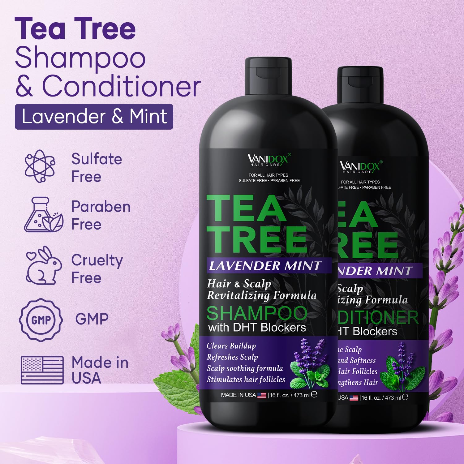 Tea Tree Shampoo and Conditioner Set with Lavender and Mint | DHT Blockers | With 100% Pure Tea Tree Oil for Itchy, Dry Scalp | Sulfate & Paraben Free | For Men & Women | 16 fl oz Each - Image 2