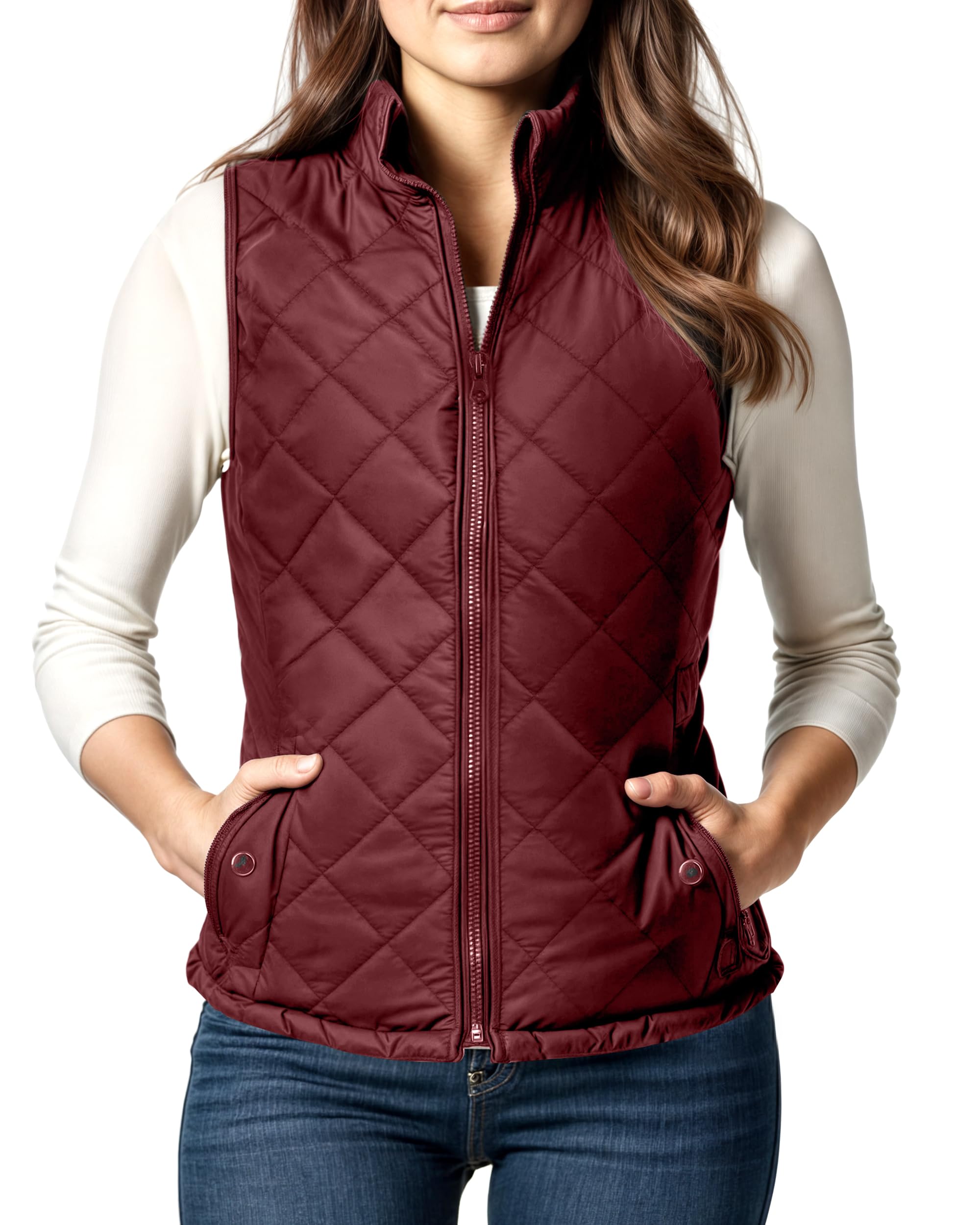 NY Threads Puffer Vest Women Slim Fit Lightweight Stand Collar Quilted Zip Puffer Vest, Medium, Burgundy