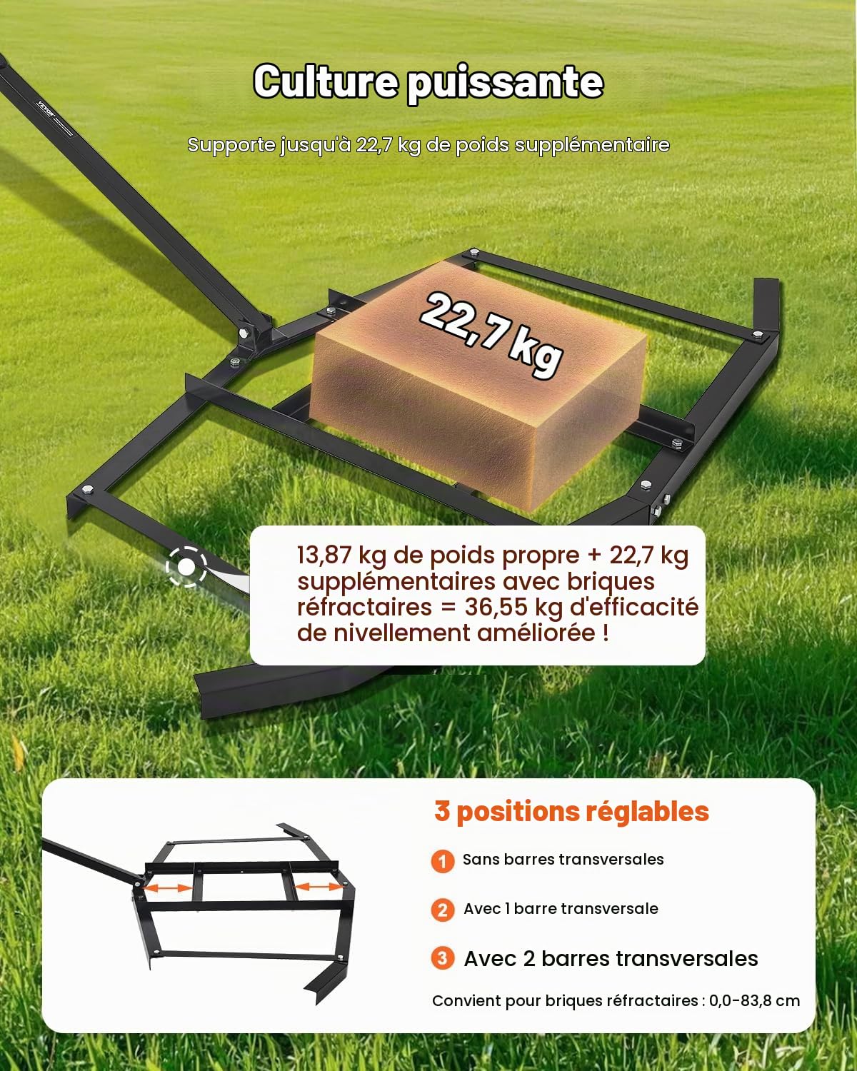 VEVOR Herse Traînée 1670 mm Râteau Niveleur Remorquable d'Allée de Gravier en Acier Q235 avec Barres Réglables, Capacité Charge 22,7 kg, Outil de Nivellement pour VTT, UTV, Tracteur de Pelouse Jardin