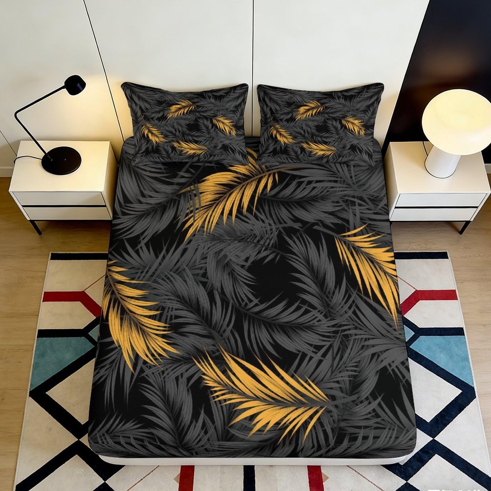 Pnayamiorkfel Style-3 3D Printed Golden Palm Leaf Fitted Sheet Microfiber Soft Bedroom Decor Black Grey Mattress Cover For Adults Teens 90X200x25cm