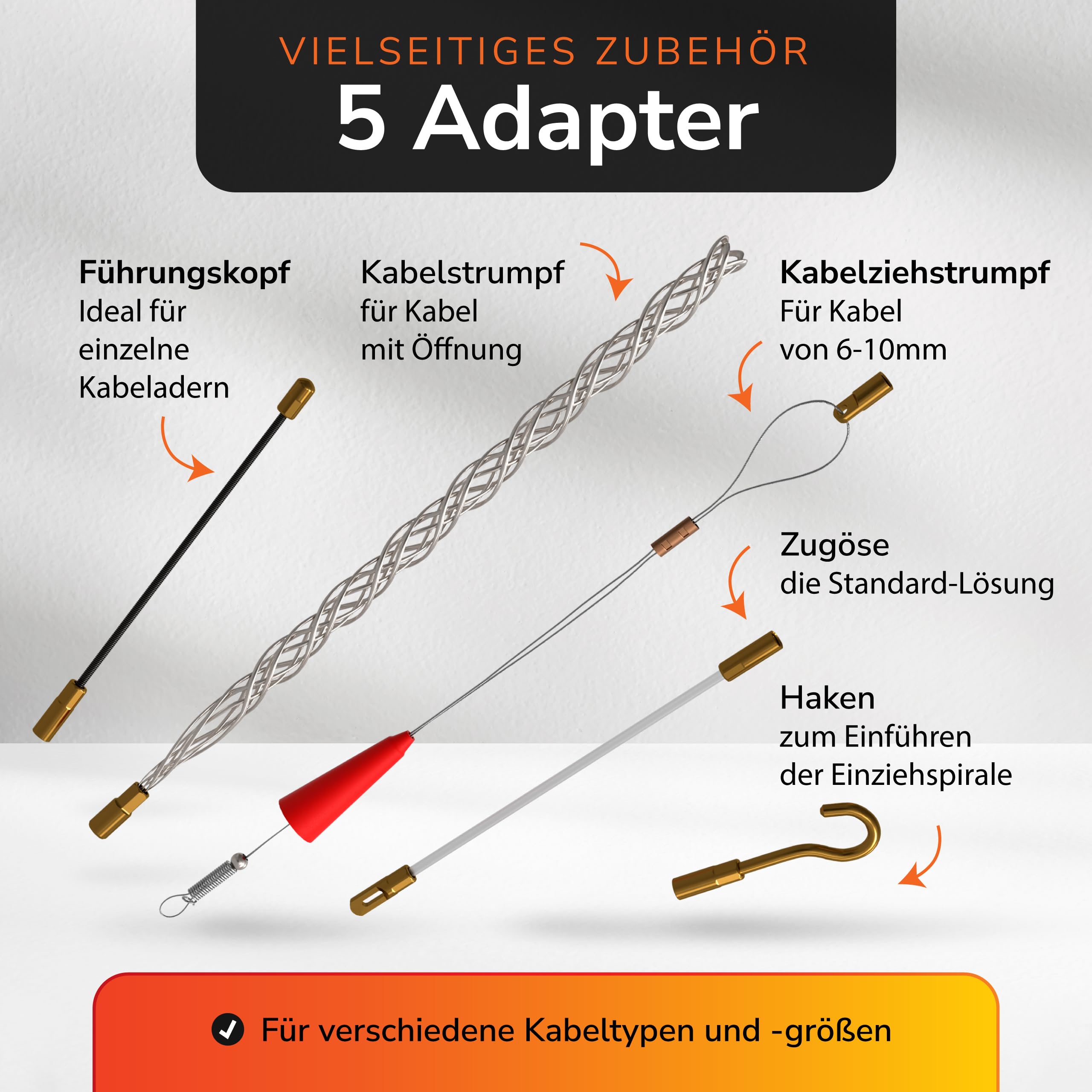 Kabeleinziehhilfe 30m – Flexible Einziehfeder und Zugdraht für Leerrohre – Kabelziehhilfe inkl. 5 Adapter – Langlebige Kabel Einzugshilfe für Elektroarbeiten – Hochwertige Einziehspirale