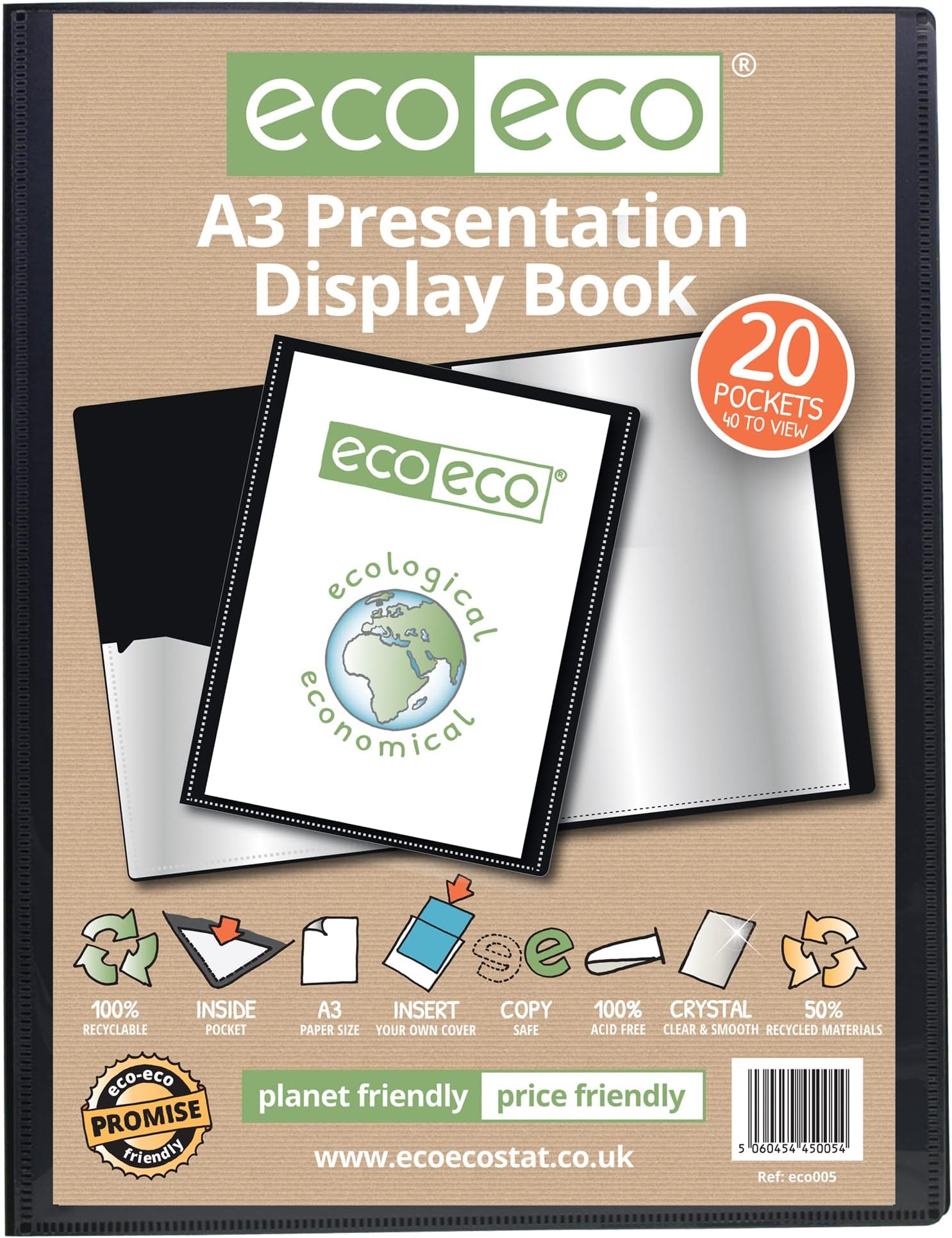 eco-eco A3 Size 50% Recycled 20 Pocket Black Presentation Display Book, Storage Case Portfolio Art Folder with Plastic Sleeves