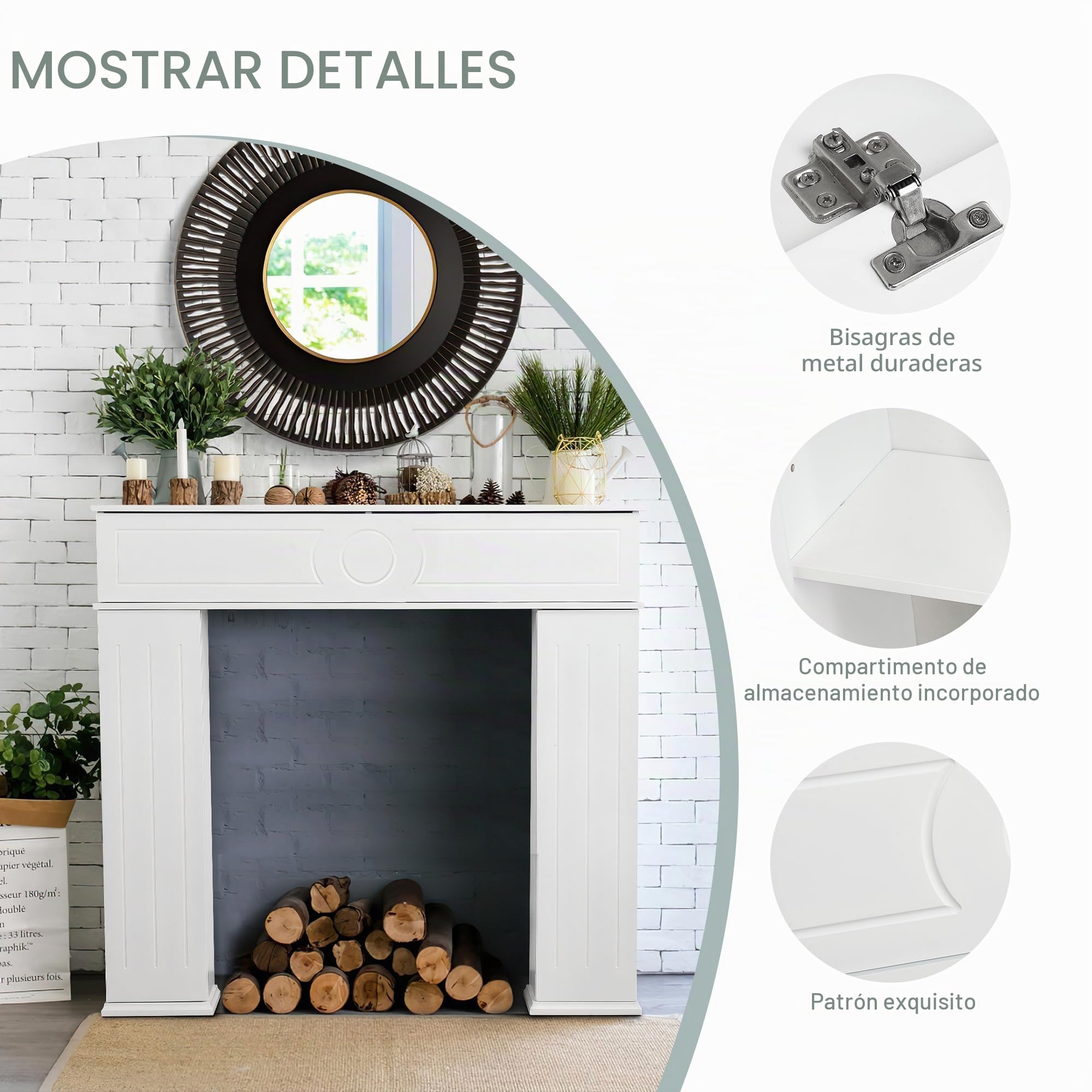 jeerbly Armario para chimenea lacado de tres puertas, compartimento secreto con espacio de almacenamiento, marco decorativo de madera, marco de chimenea con estante, color blanco, blg-19