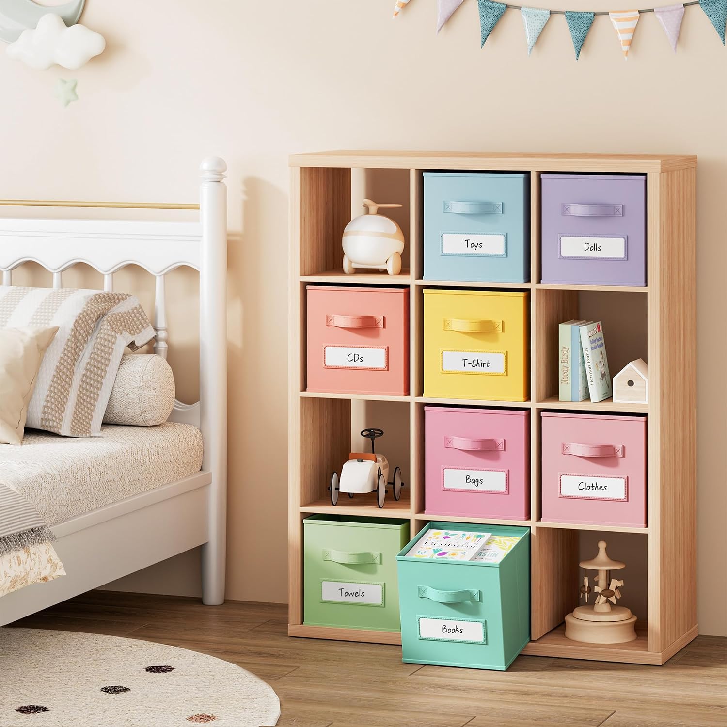 11 inch Fabric Storage Cubes 8 Pack with labels Window, Foldable Storage Bins for Shelves and Closet Organizers, Colorful Storage Basket for Nursery Kids Room Clothes Book Toy