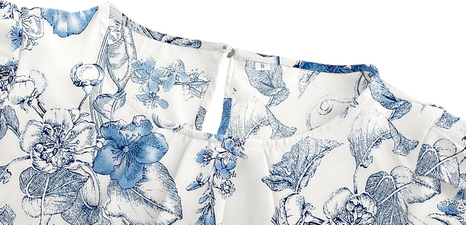 TASAMO Women's Casual Round Neck Basic Pleated Top Cap Sleeve Curved Keyhole Back Chiffon Blouse - Image 4