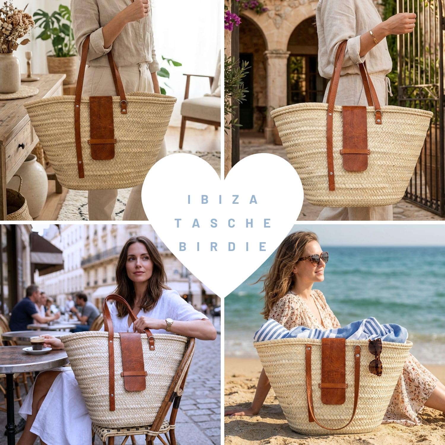 Ibiza Birdie - Bolso de mimbre (55 cm), diseño de hoja de palma y piel natural