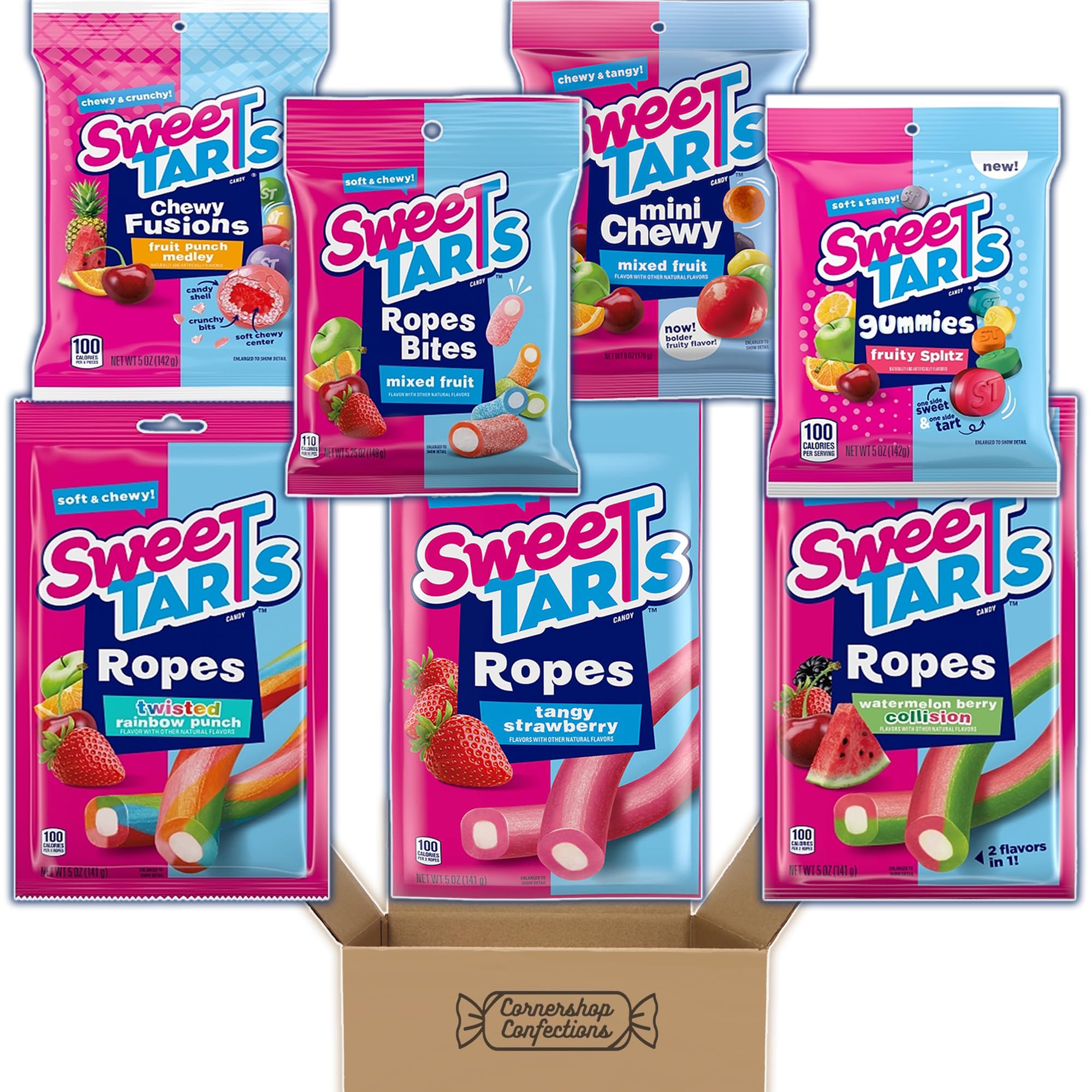 Sweetarts Lover's Bulk Variety Pack - 7 Different Types - Rainbow, Watermelon, and Strawberry Ropes, Chewy Fusions, Ropes Bites, Mini Chewy, Fruity Splitz Gummies in Cornershop Confections Box