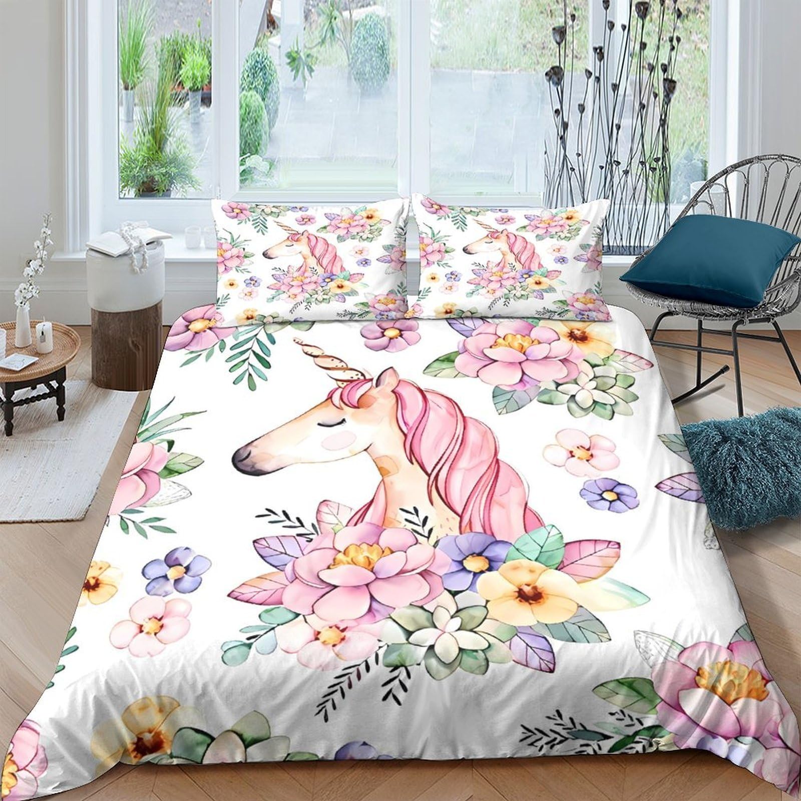 Ctjqhvkz Style-3 3D Printed Floral Unicorn Fitted Sheet Microfiber Bedroom Decor Rainbow Bed Cover For Home Guest Room Dorm Easy Care Single（135X200cm）