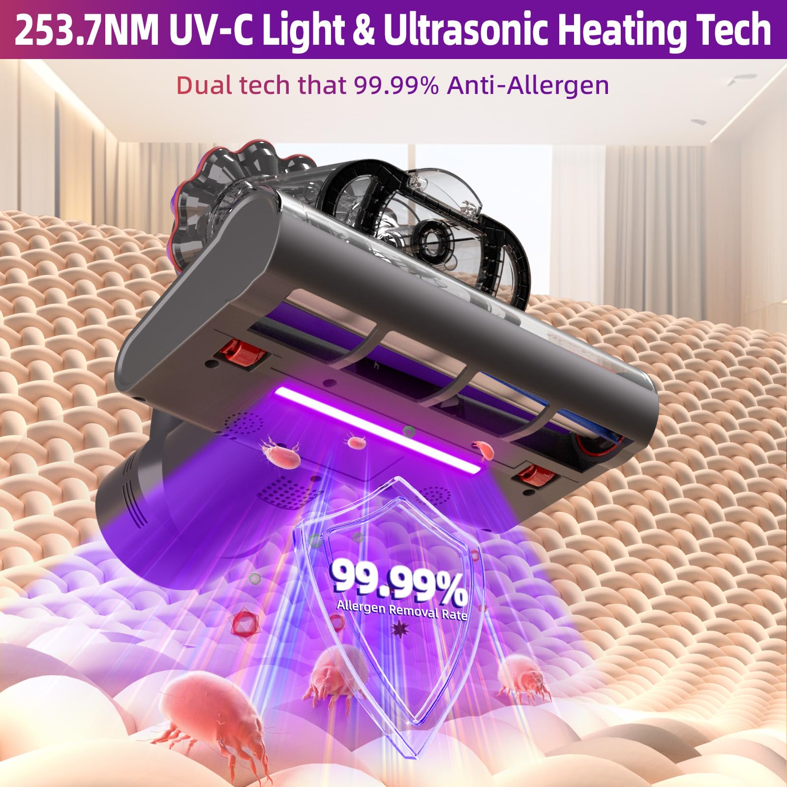 Aspiradora de colchón de 16 Kpa con luz UV-C de 253.7 nm, calor de 140 °F y filtro HEPA, aspiradora de mano de 500 W para sofá, sofá y mascota 3
