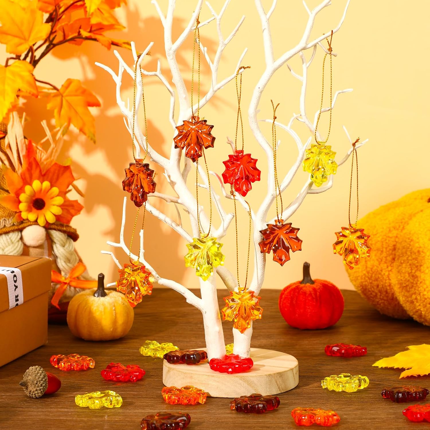  36PCS Mini Acrylic Thanksgiving Maple Leaf Ornaments Fall Leaves Hanging Ornaments for Tree Autumn Maple Pendants with String for Party Favors Decor - Image 3