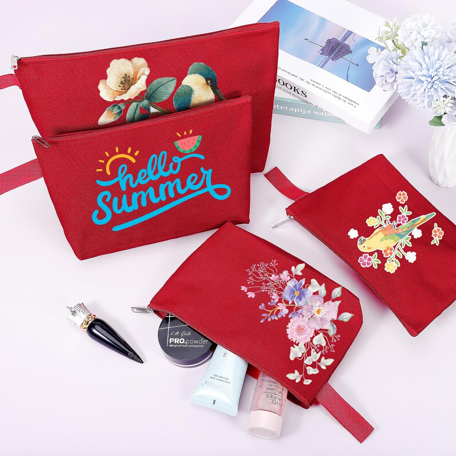 10 Pieces Cotton Canvas Makeup Bag with Bottom and Strap, Multi-Purpose Cosmetic Bag with Zipper Travel Toiletry Pouch, Blank DIY Craft Bag (Red, XS) - Image 5