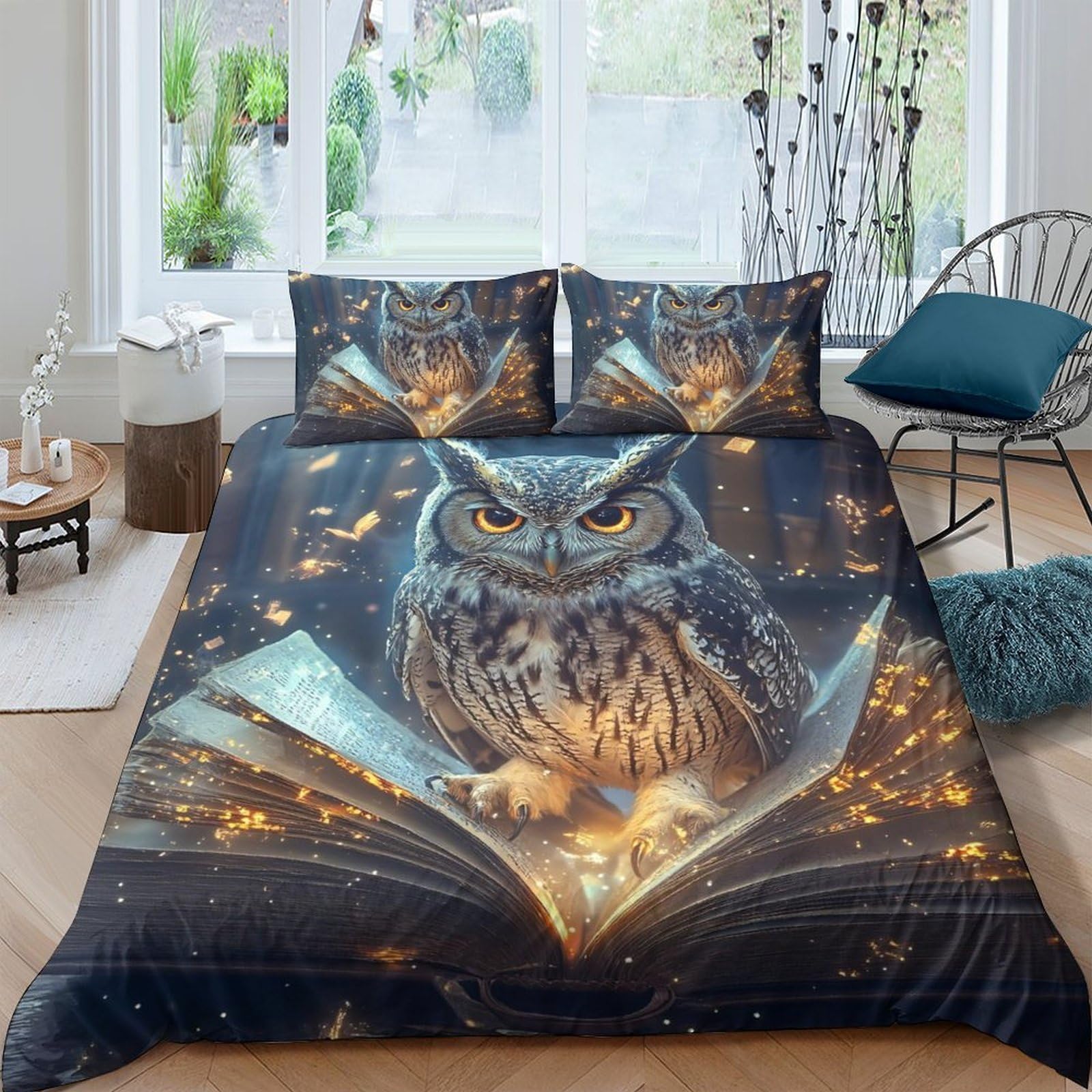 Ctjqhvkz Style-3 3D Printed Magical Owl Fitted Sheet Microfiber Soft Blue Bedroom Decor Forest Book Mattress Cover Single（135X200cm）