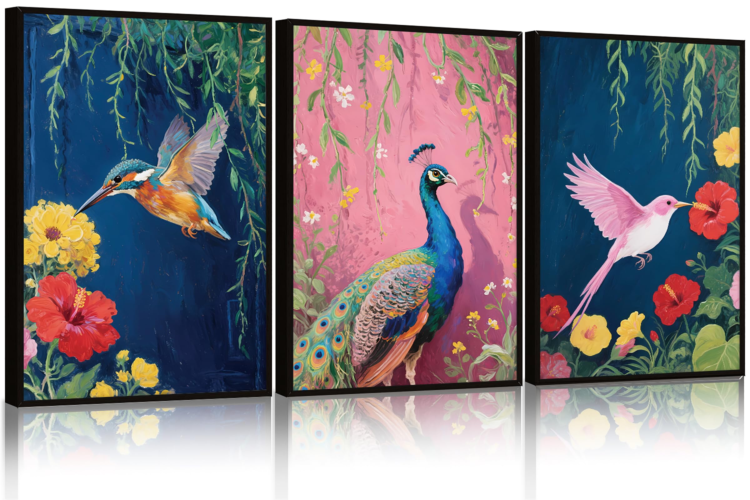 ANHUIB Bunte Vögel Blume Wandkunst Leinwandbilder mit Ölgemälde Vögel Motiv Kunstdruck Peonien Blumen Poster Moderne Wandbilder Set mit Rahmen für Küche Badezimmer Wohnzimmer Wanddekoration 30×40cm