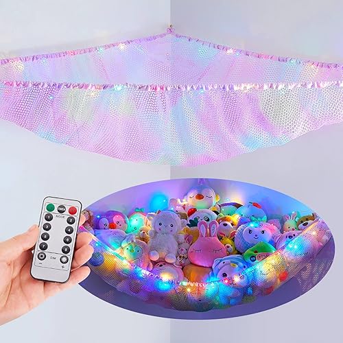 Beinou Red de animales de peluche o hamaca para niños, organizador de almacenamiento de juguetes de malla colgante, soporte de esquina para niñas,