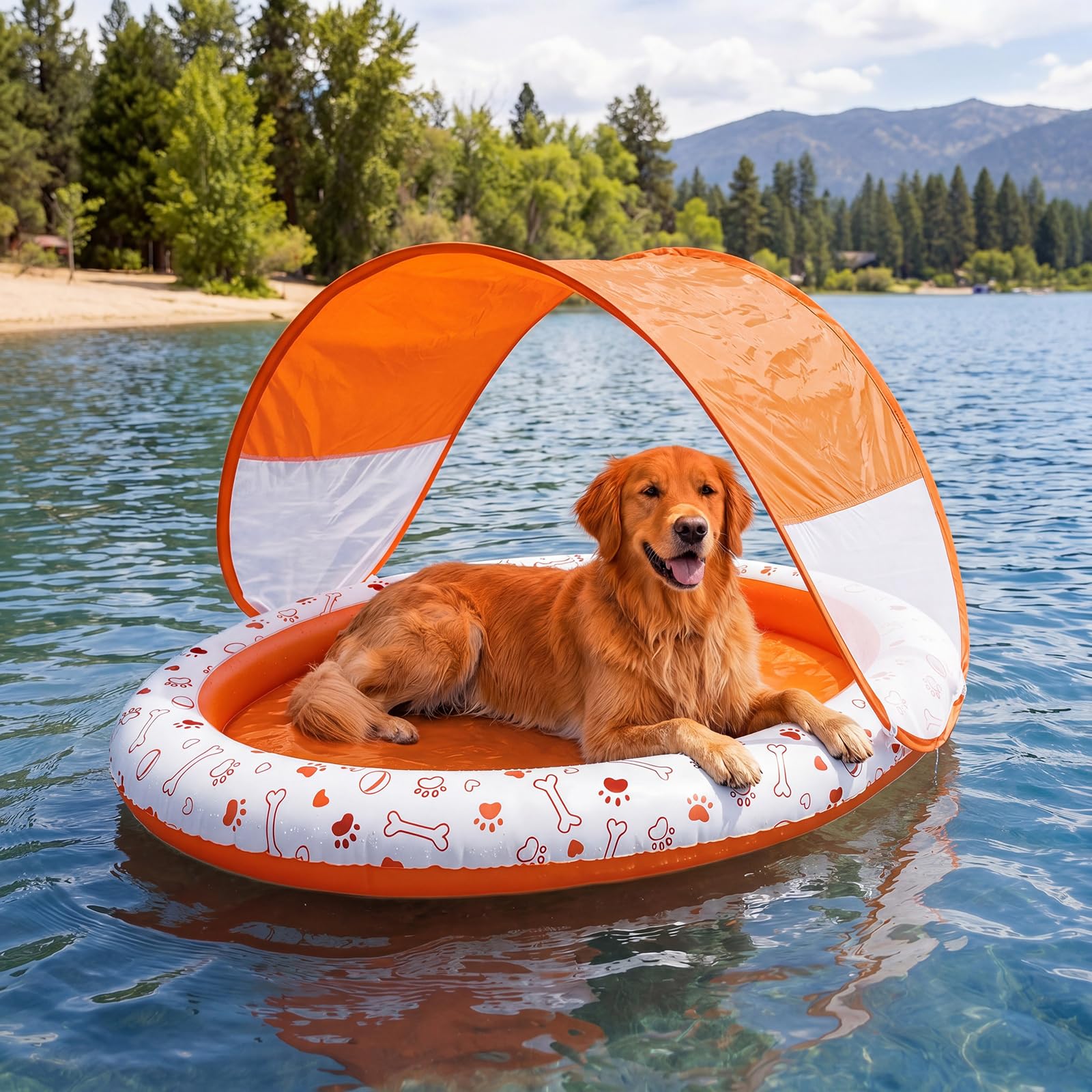 Seenelling Dog Pool Float with Canopy 57'' x 39'' Inflatable Dog Water Raft for Lake Pet Swimming Float Lounger with Shade for Small Medium Large Dogs Pet Pool Accessories (Orange) โ image 1