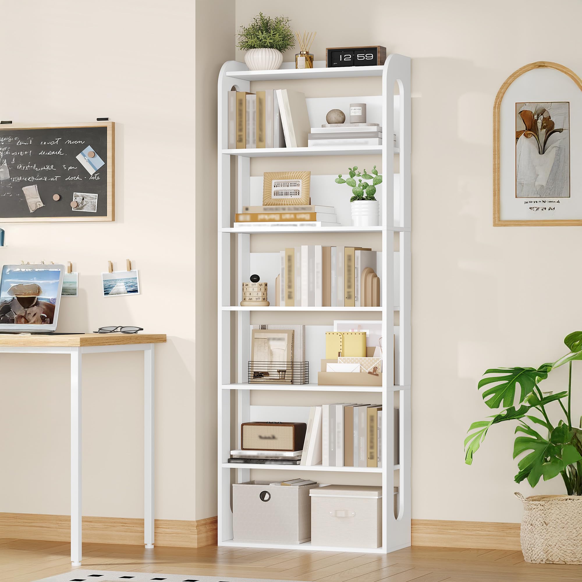 Hzuaneri Bibliothèque, étagère en Bois à 7 Niveaux, étagère géométrique 3D de Bureau, Bibliothèque sur Pied en Bois pour Chambre, Salon et Bureau 24 x 60 x 181,4 cm Blanc BC70003X