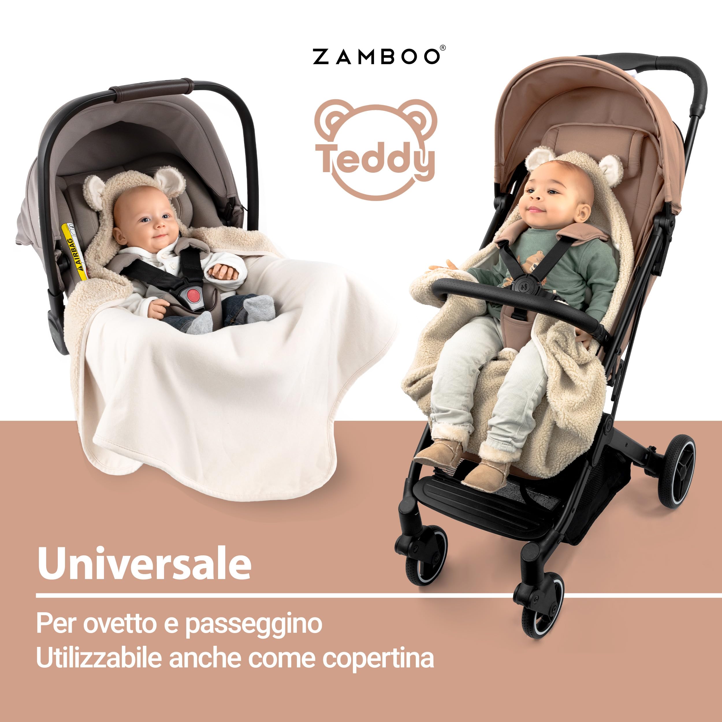 Zamboo Copertina Avvolgente - Morbida Copertina per Neonati con Cappuccio e Aperture per Cinture | Certificato OEKO-TEX, 80x80 cm - Copertina Ovetto, Seggiolini Auto, Passeggini e Carrozzine | Beige