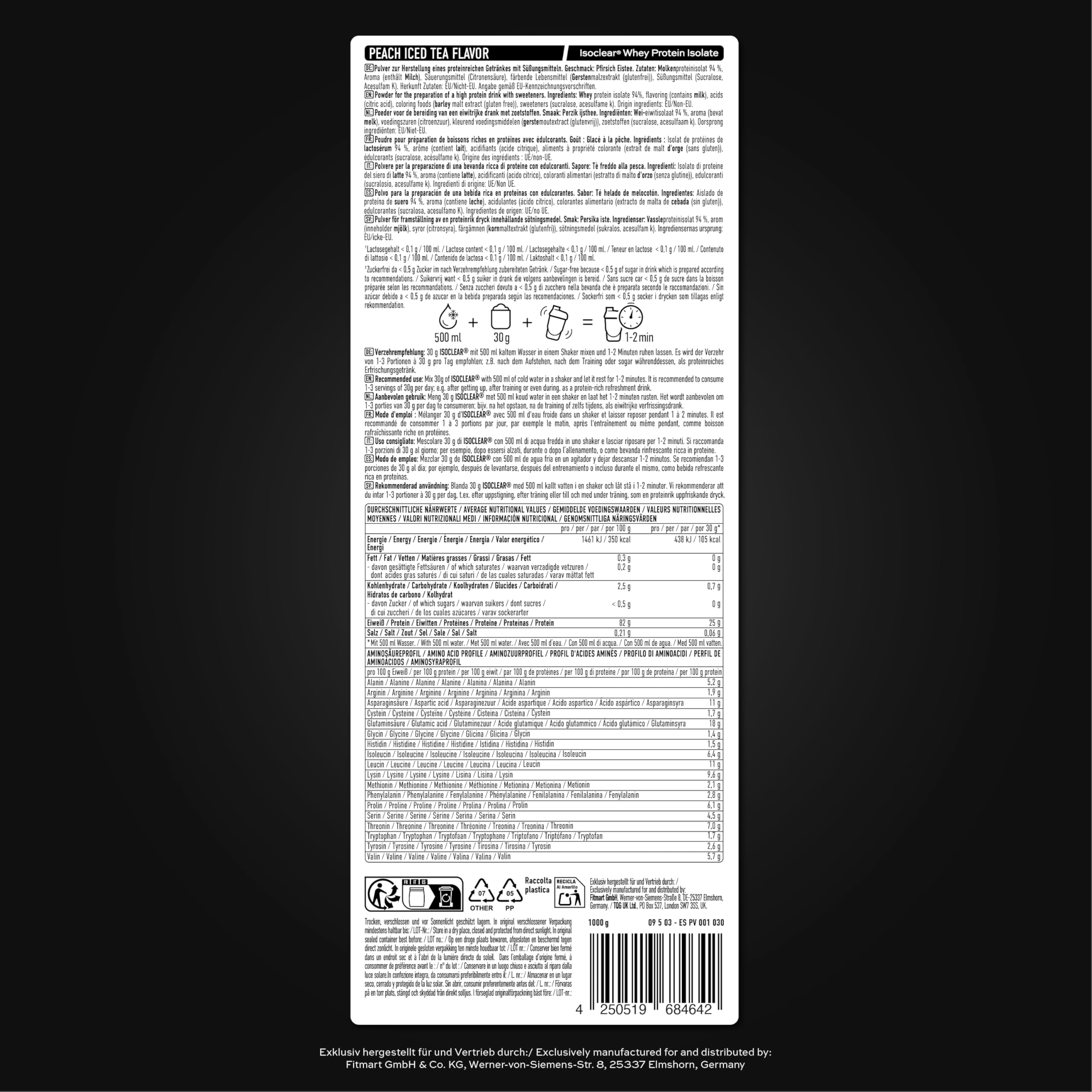 ESN ISOCLEAR Whey Isolate Protein Powder, 1000 g, Glacé à la pêche, boisson protéinée au goût fruité et délicieux, clear Whey - fabriqué en Allemagne