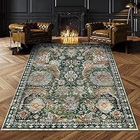 RUGSURE Washable Non-Slip Area Rug 3x5 Green - Vintage Tribal Design, Stain Resistant, Pet & Kid Friendly for Living Room, Bedroom