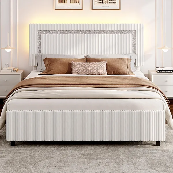 Lihimte Full Size Corduroy Upholstered Bed Frame with Headboard, Adjustable LED Platform Bed Frames with Silver Glitter Strip, White Soft Bed Frame with Wooden Slats Support, No Box Spring Needed