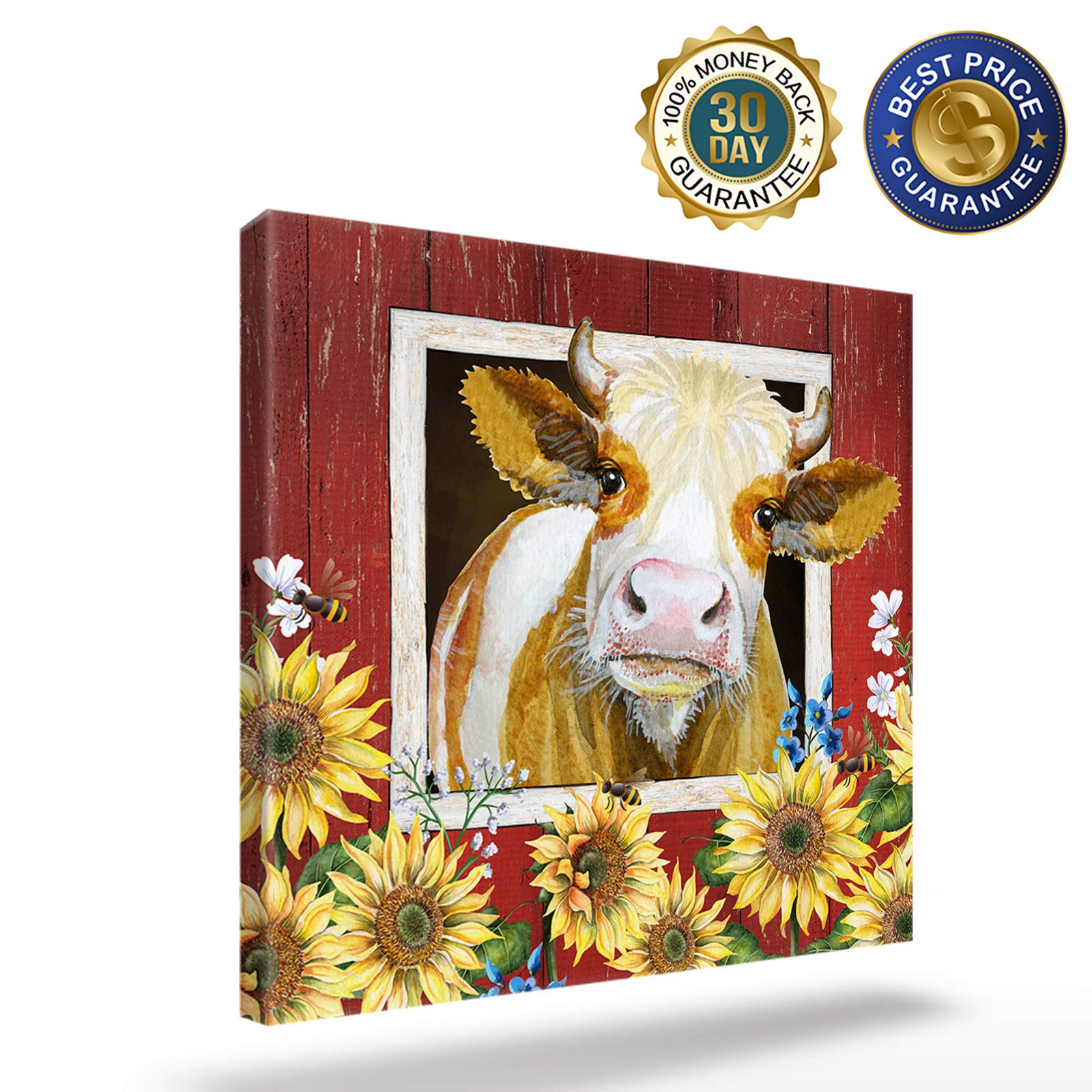 Canvas Art Wall Decor for Living Room Sunflower Cow Wall Decor Picture Painting Framed for Kitchen Room Decorations Living Room Ready to Hang 20x20 Inch Farmhouse Farm Animals Cute Barn Rustic Wood