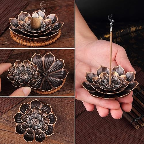 Miniatura 3 de sansheng Paquete de 2 soportes para incienso de loto 3-13 pulgadas soportes para varillas de incienso marrón dorado