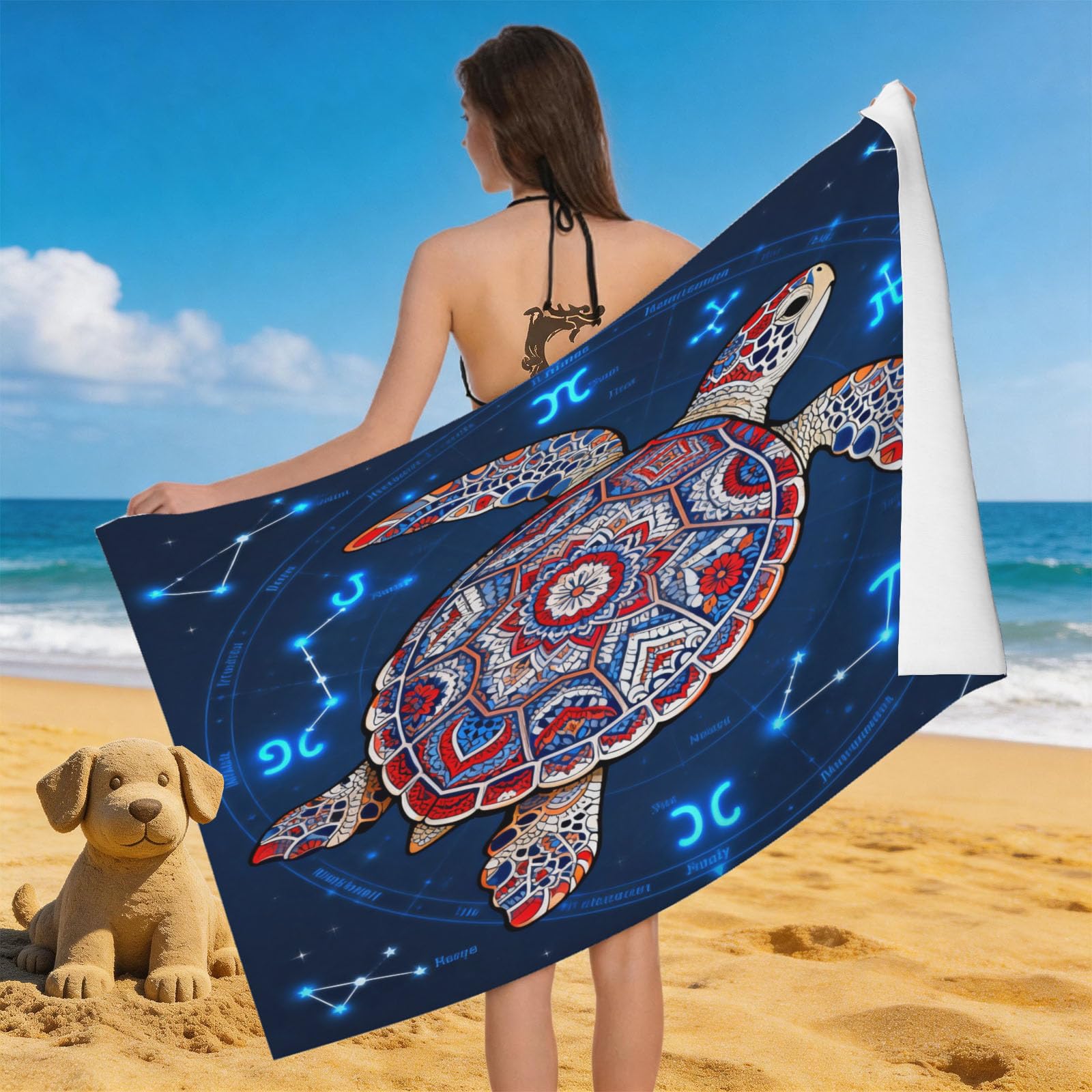 Leichong 3D Sea Turtle Beach Towel Large Microfiber Soft Quick Dry for Adults, Mysterious Style Bath Towel Lightweight Soft Absorbent for Travel Swimming Pool Sports, 180 x 90 cm