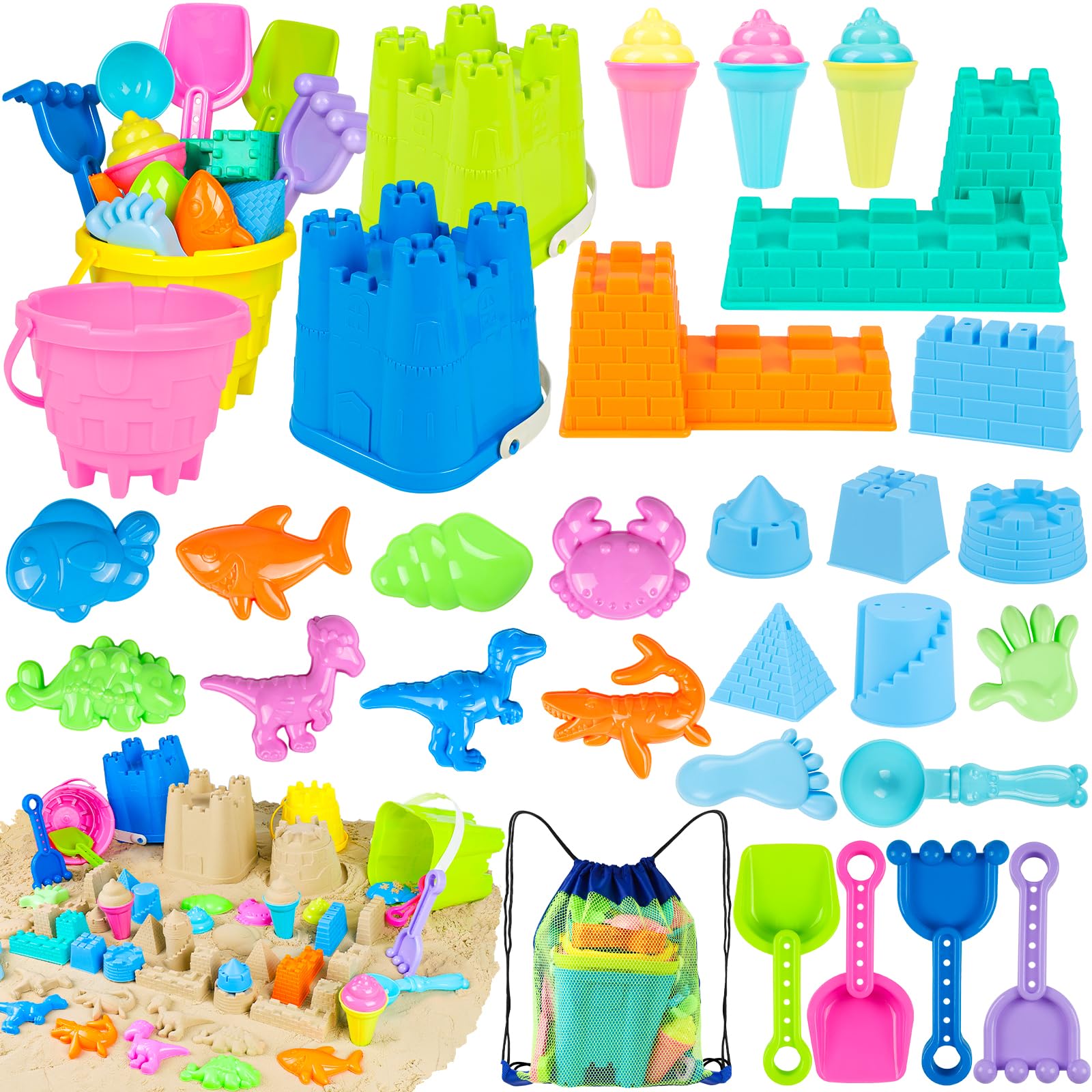 REZUCREY Beach Toys for Kids Toddlers, Sand Castle Toys with 4 Sand Bucket and Shovels, Mesh Bag & Molds, Ice Cream Travel Sandbox for Beach Sandbox for Toddlers Kids Baby Boys Girls Age 3-10