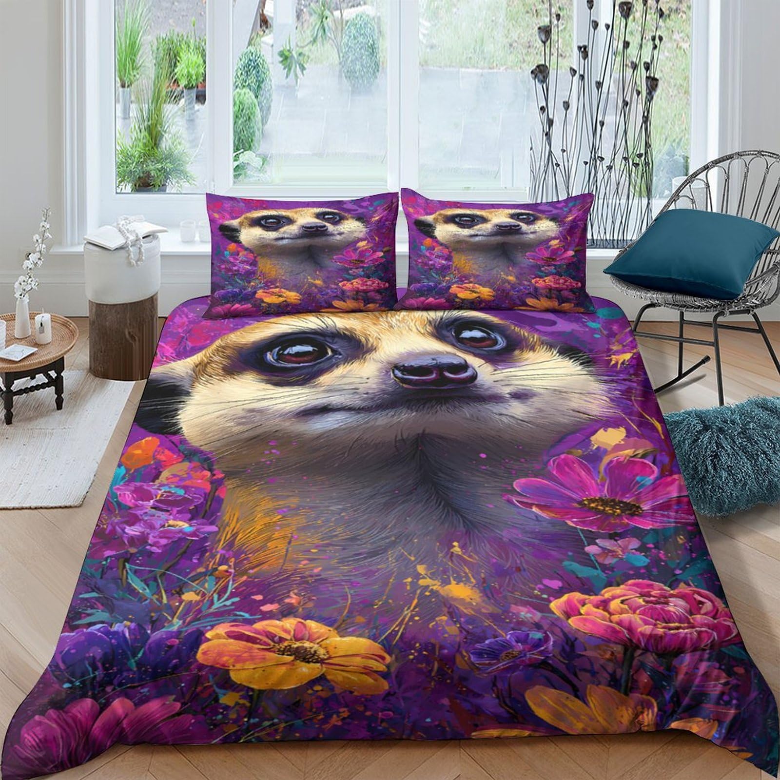 Ctjqhvkz Style-1 3D Printed Meerkat Floral Fitted Sheet Microfiber Soft Vibrant Animal Bed Cover For Bedroom Dorm Decoration Single（135X200cm）