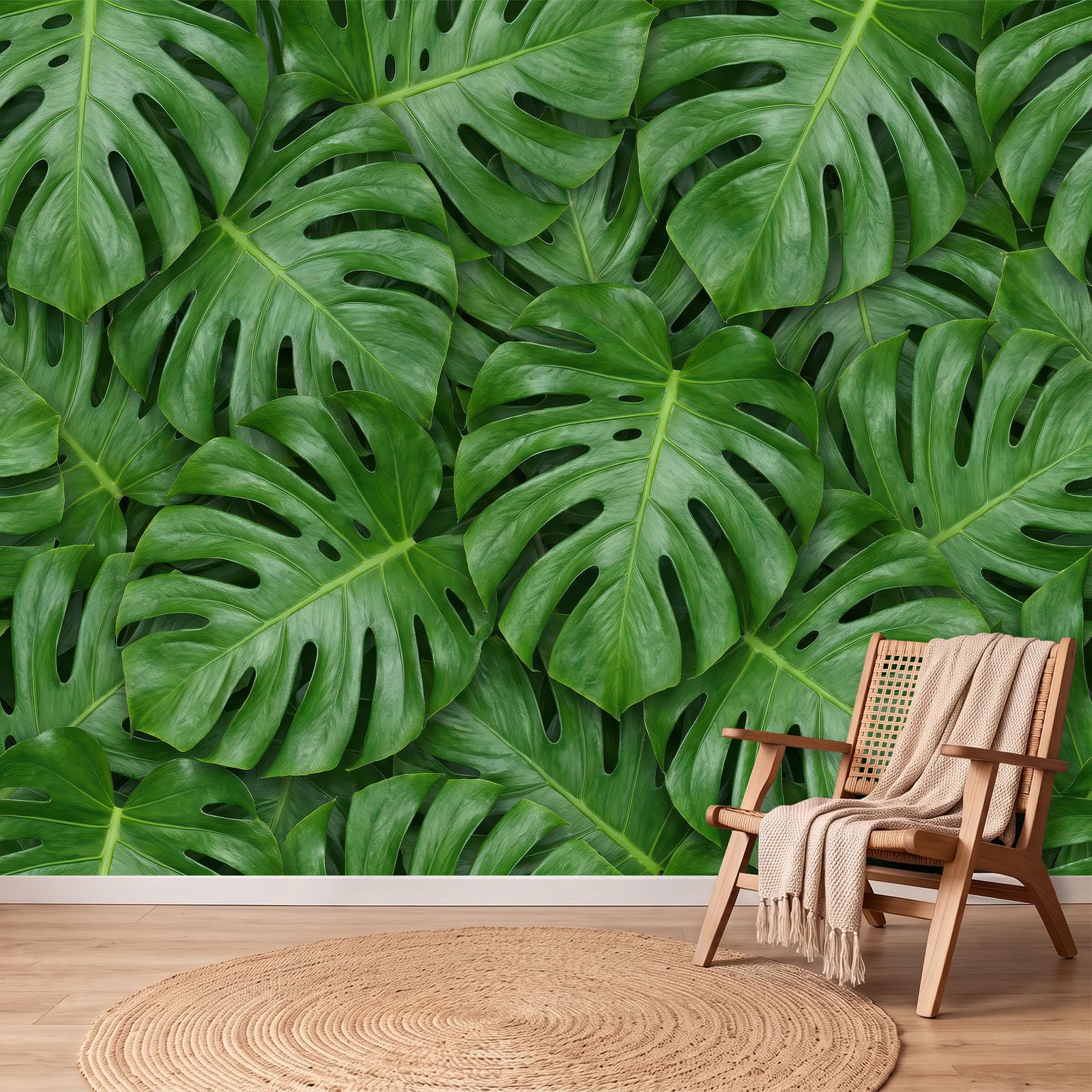 Panoramiczna tapeta 3D gęsty las tropikalny plakat z liśćmi Monstera, 250 x 175 cm (dł. x wys.) Tapeta ścienna z włókniny do salonu dziecięcego dekoracja sofy TV, zielona