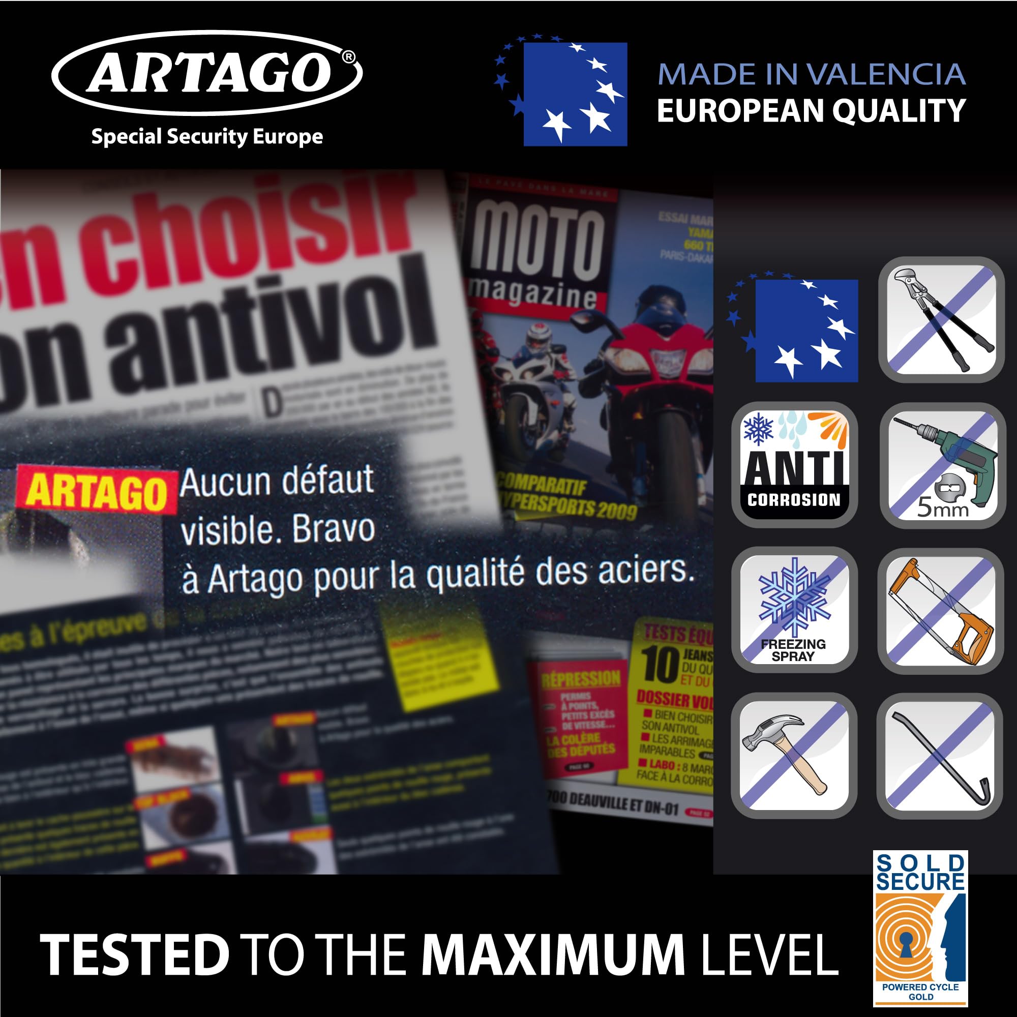 Artago 14.120 Chaine Antivol Haut de Gamme ø15mm, Sécurité Maximale Testé Homologuée Sold Secure Gold, BUNKER SELECTION 120cm, Revêtement Nylon Anti-rayures, Anti vol pour Moto, Parking Portails