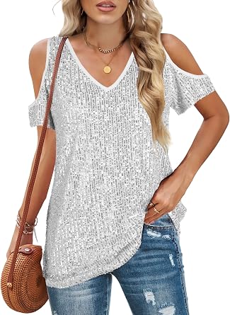 Sequin Tops Women Sparkly Shirt Party Top Sparkle Shirts Glitter Cold Shoulder V Neck Blouses Evening Club Outfits