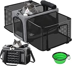 Pecute Sac de Transport Chat Extensible, Sac Transport Chat Respirant et Pliable, Sac de Transport pour Chat Caisse de Transport Chat pour Voyage en Avion Train vec et Bandoulière Réglable + Bol,Gris