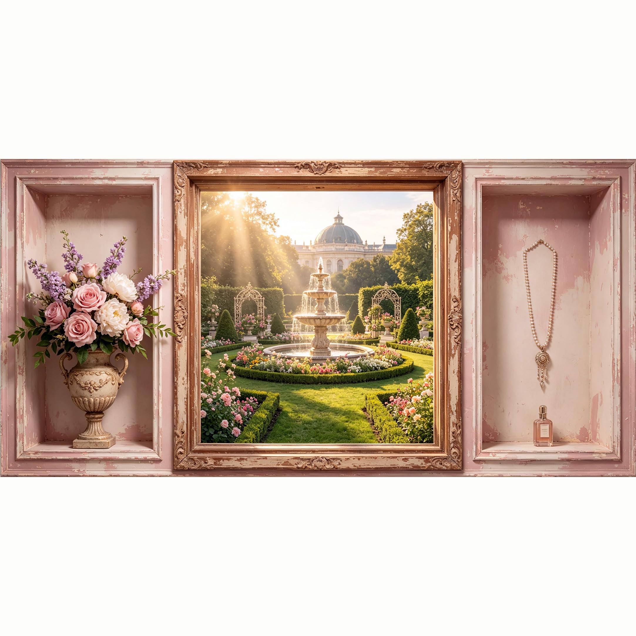 QZLITHOTIC 50x100cm 3D Framed Wall Art， European Garden Fountain Landscape With Flowers Self‑Adhesive Mural， Water‑Activated Peel & Stick Fabric Decor Wall Decal for Bedroom Living Room