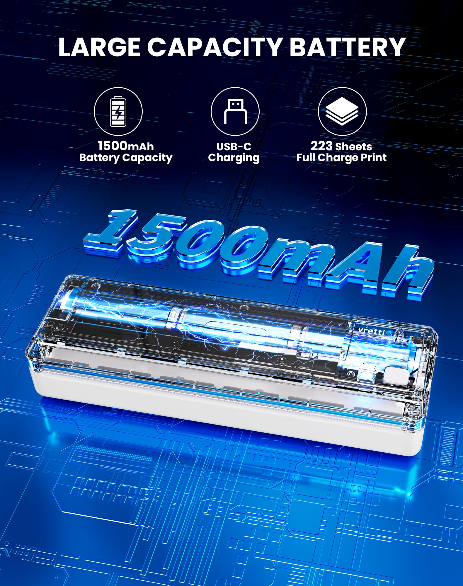 vretti Imprimante Mobile A4 Thermique Compatible Android iOS 210 x 297 mm