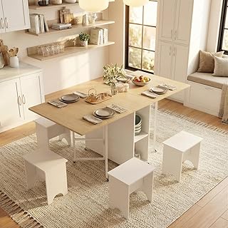 VOWNER 63” Folding Dining Table Set for 4, Space Saving Drop Leaf Table with 4 Stools, Foldable Kitchen Table with Storage Shelves and 8 Wheels, for Small Spaces, 63" L×29.5" W×29.5" H, Wood White