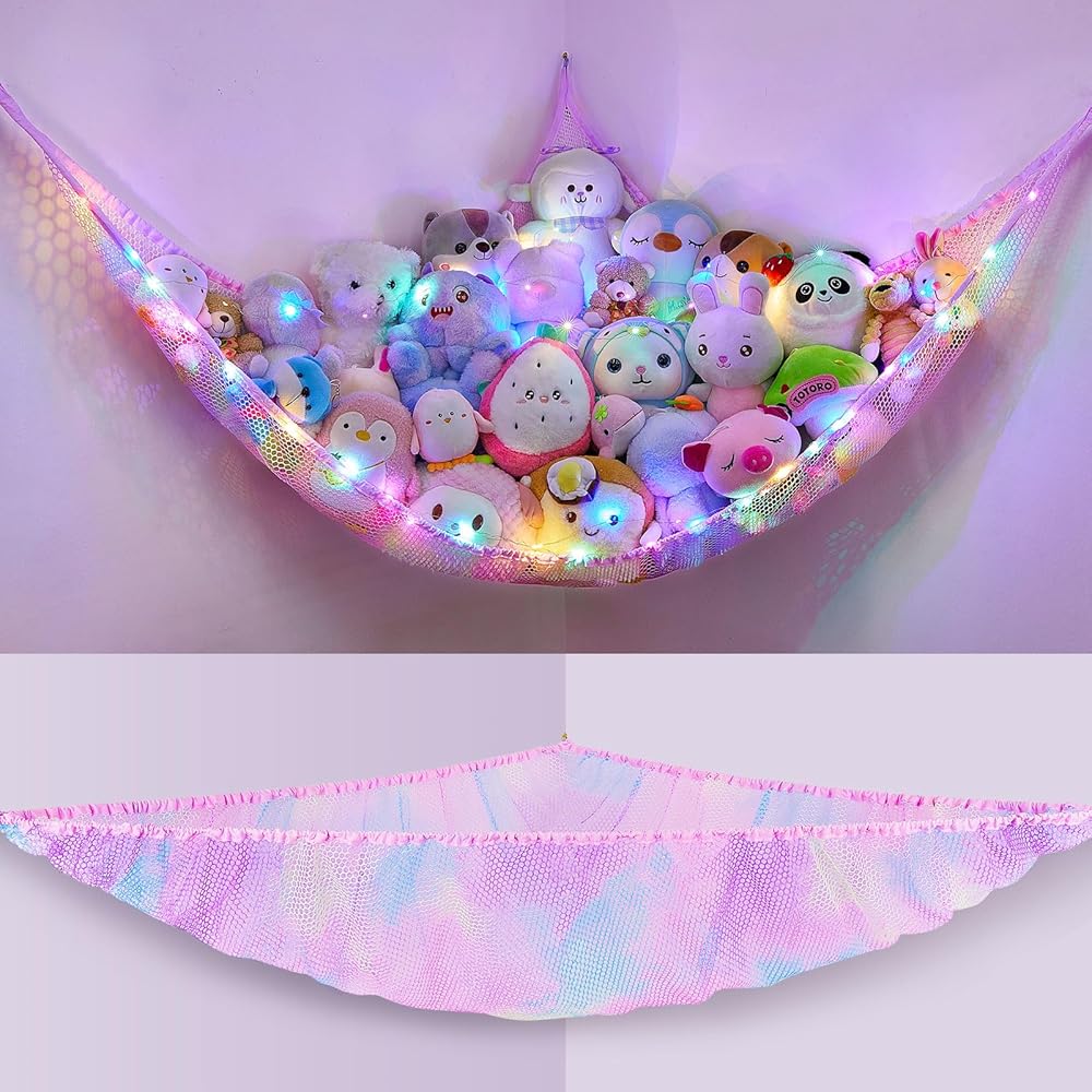 Unicorn Castle Stuffed Animals Net or Hammock Kids Toy Storage Organizer with LED Light Hanging Corner Stuffed Animals Holder Kids Girls Room Decor,Pink-Purple-Yellow,Large (Pack of 1)