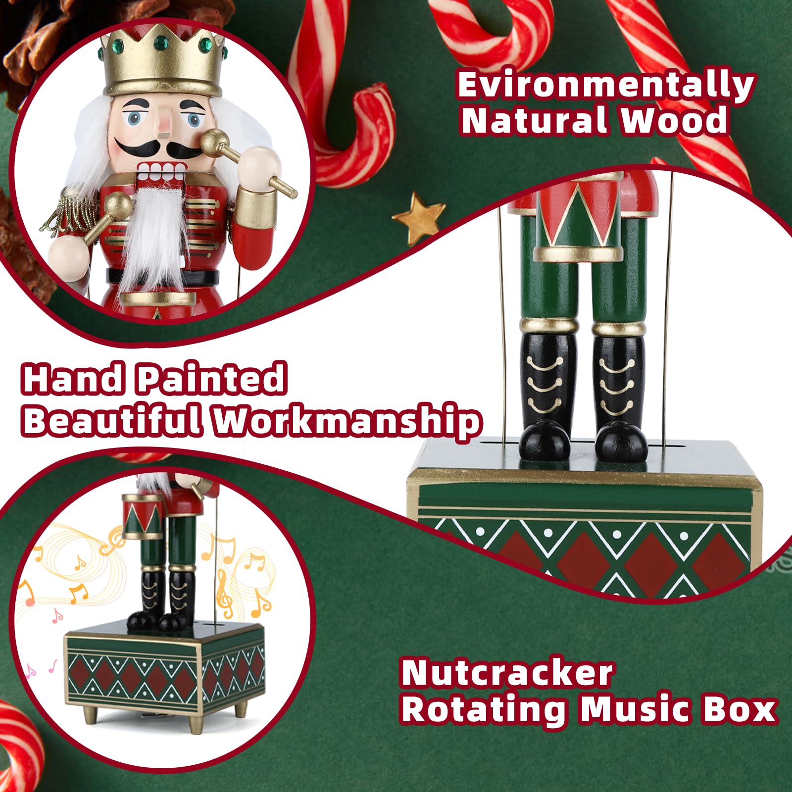 Casse-Noisette Soldats boîte à Musique boîte à Musique en Bois avec et Base pour décoration de noël Cadeau Décoration de Noël Traditionnelle de la Maison Casse-Noisette Boite (Vert)