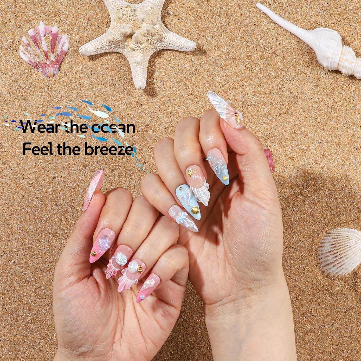 FAMDAMEI Summer Nail Charms, 24 Grids Bedazzling Kit with Rhinestones Ocean Coastal Nail Charms and Gems, 3D Charms Kit with Mermaid Starfish Shell, Gold Pearls Bedazzling Gems for Crafts Nail Art