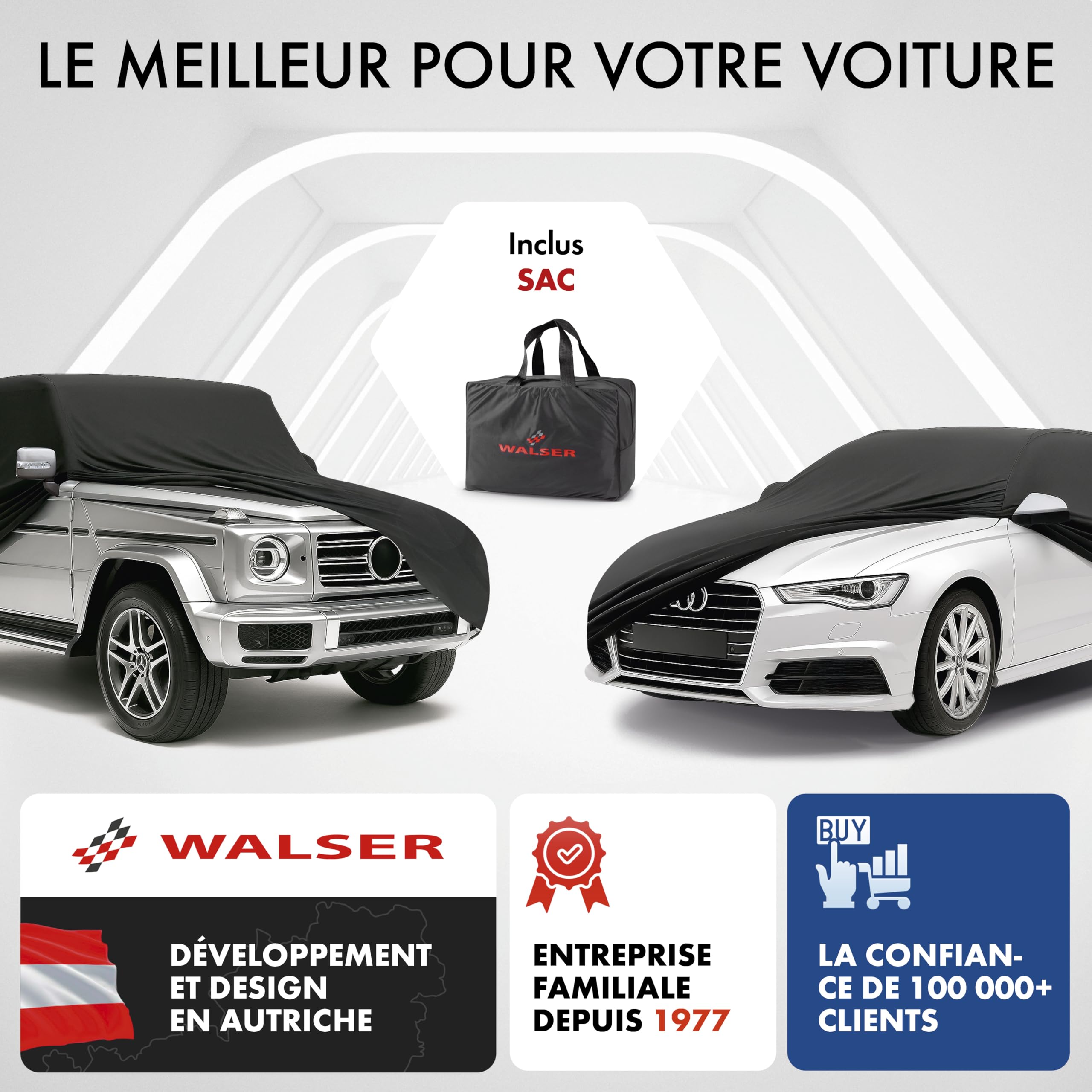 WALSER bâche d'intérieur pour Voiture Indoor Stretch, Bâche Complet pour l'intérieur, étanche à la poussière adaptée Voiture Taille 1 Noir