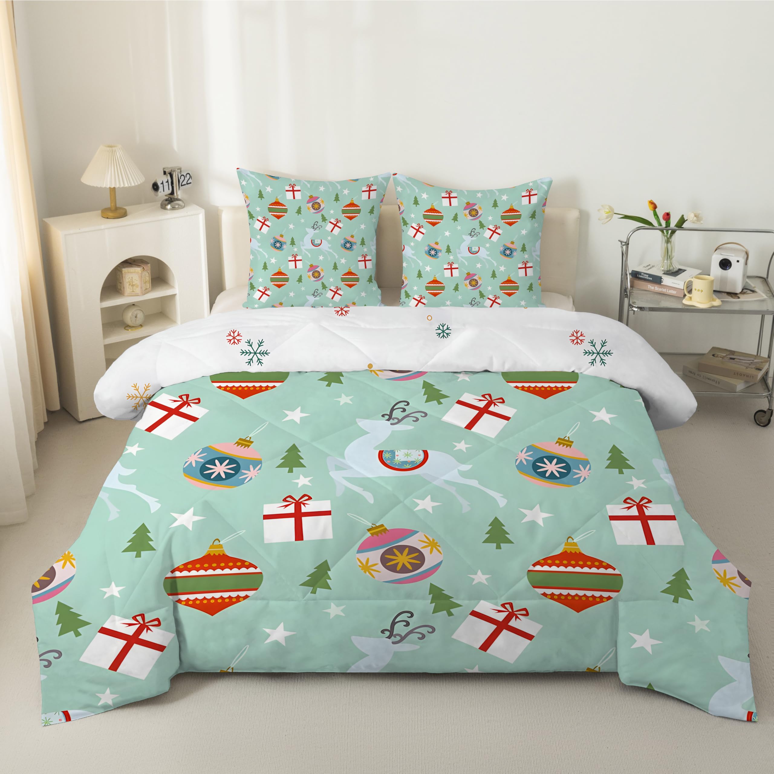 Couette 140x200 Enfant Renne Lumineux, Couette Imprimée 4 Saisons pour Lit 1 Personnes - Duvet Réversible et Chaud Sapin de Noël, Édredon sans Housse et 2 Taie d'oreiller 65x65 cm, Campagne